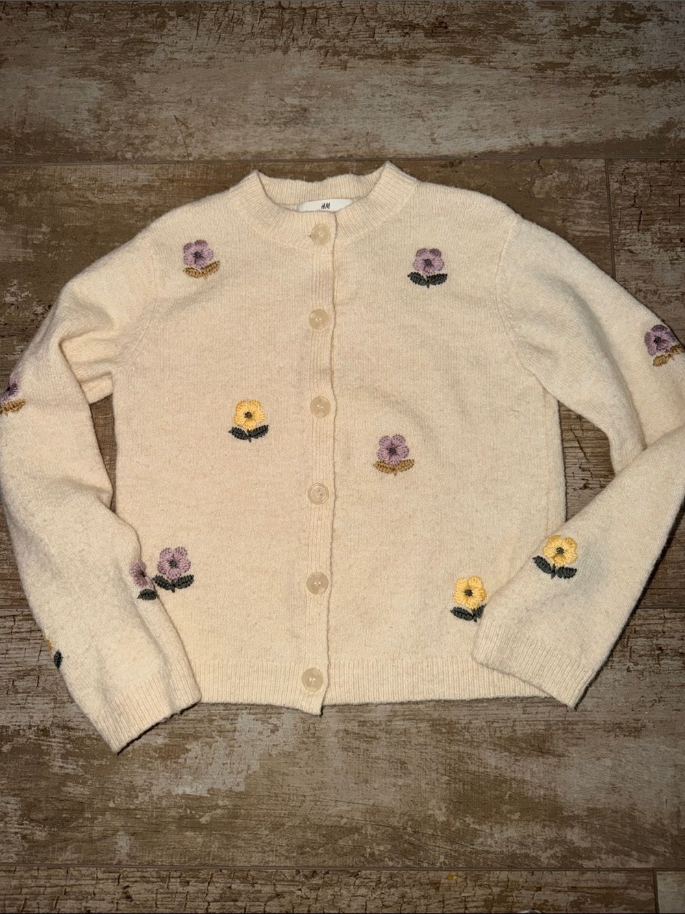H&M Beige Cardigan with Yellow and Lavender Floral Embroidery